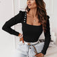 Bohemian Women's Solid Color Puff Sleeve Pearl Top