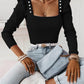 Bohemian Women's Solid Color Puff Sleeve Pearl Top