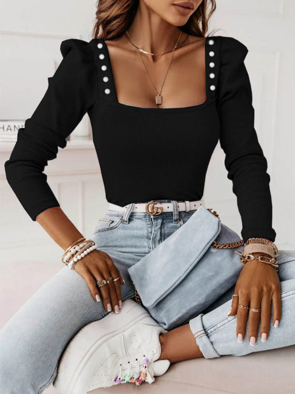Bohemian Women's Solid Color Puff Sleeve Pearl Top