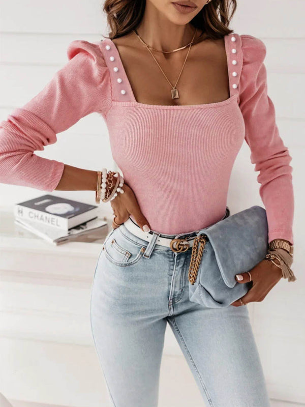 Bohemian Women's Solid Color Puff Sleeve Pearl Top