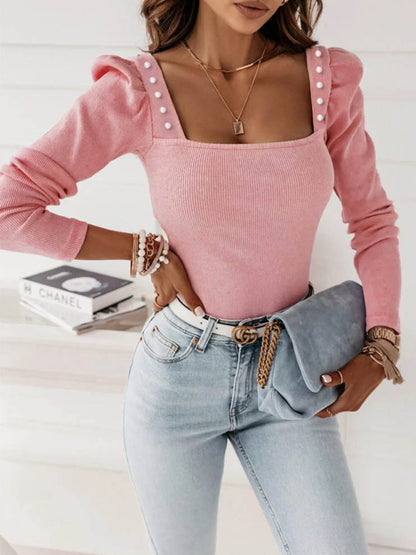 Bohemian Women's Solid Color Puff Sleeve Pearl Top