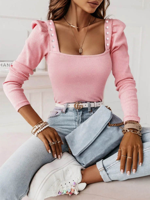 Bohemian Women's Solid Color Puff Sleeve Pearl Top