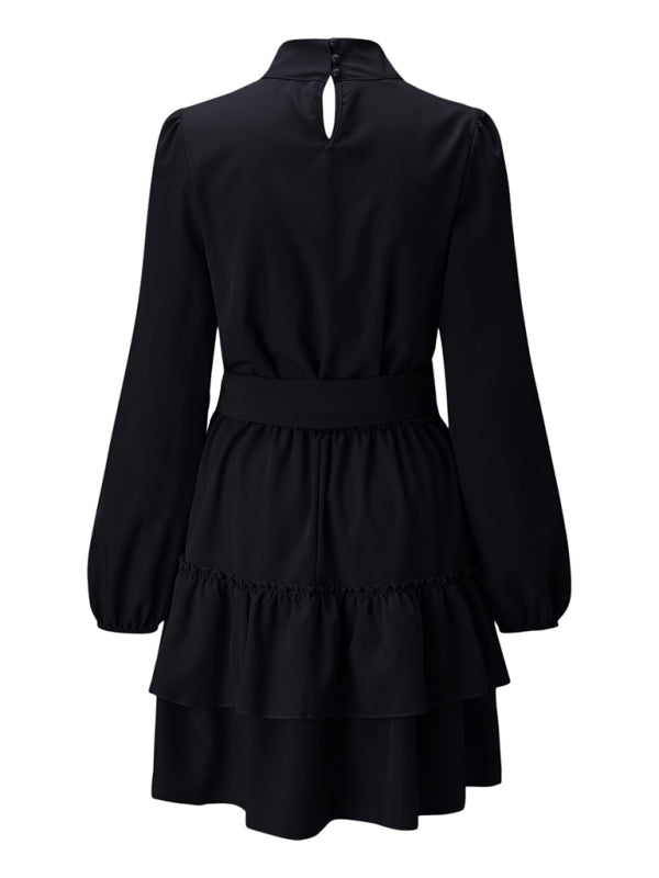 Boho Ruffle Long Sleeve Solid Color Holiday Mini Dress