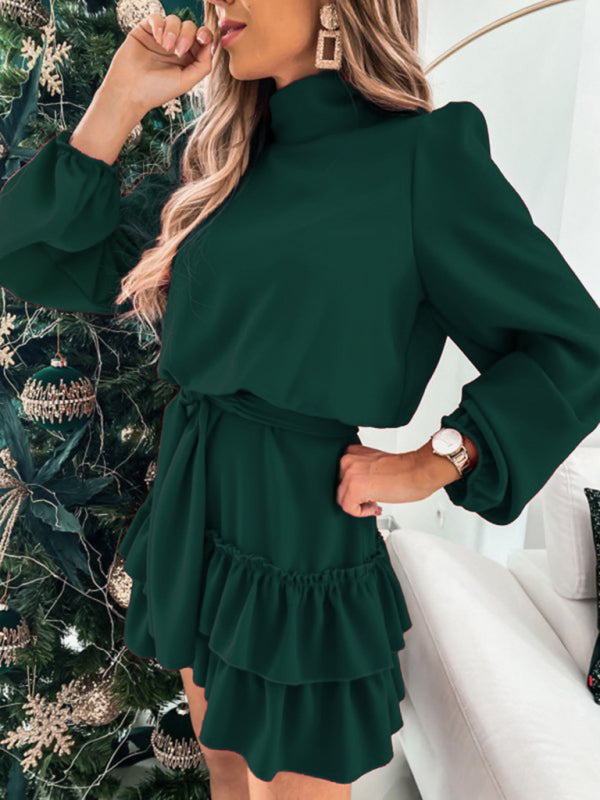Boho Ruffle Long Sleeve Solid Color Holiday Mini Dress