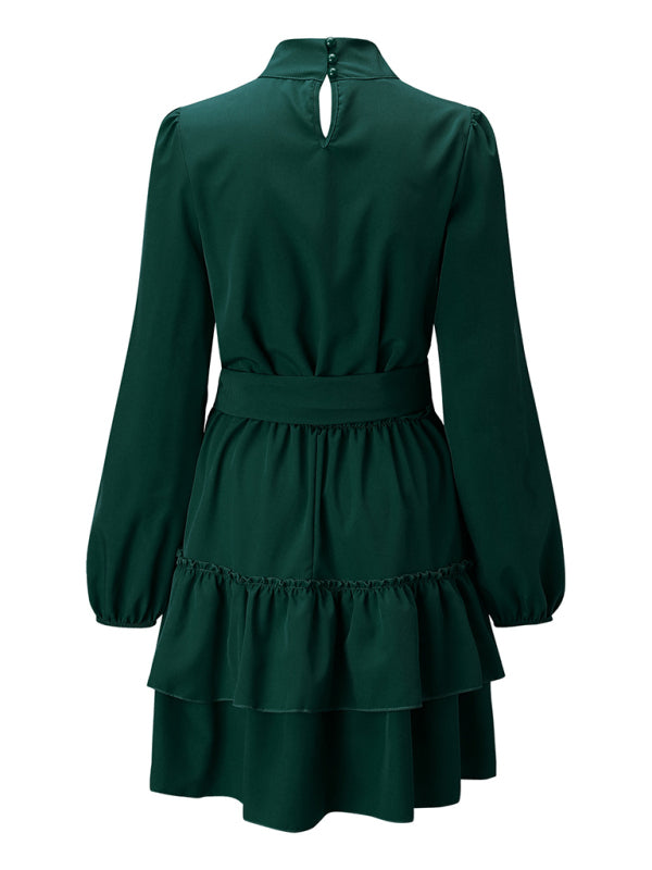 Boho Ruffle Long Sleeve Solid Color Holiday Mini Dress