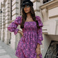 Boho Floral Long Sleeve Square Neck Puff Sleeve Smocked Dress