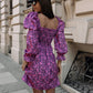 Boho Floral Long Sleeve Square Neck Puff Sleeve Smocked Dress