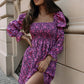 Boho Floral Long Sleeve Square Neck Puff Sleeve Smocked Dress