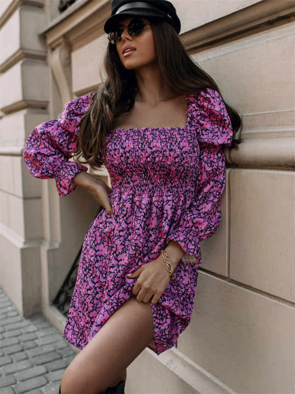 Boho Floral Long Sleeve Square Neck Puff Sleeve Smocked Dress