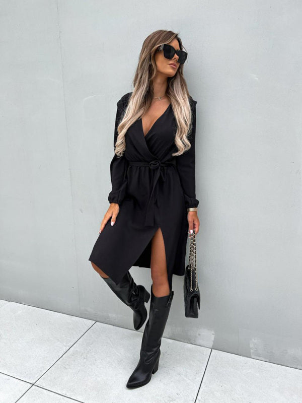Bohemian Polka Dot Print Long Sleeve Surplice Wrap Tie Dress