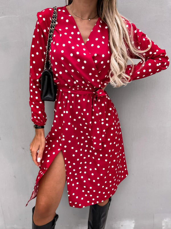 Bohemian Polka Dot Print Long Sleeve Surplice Wrap Tie Dress