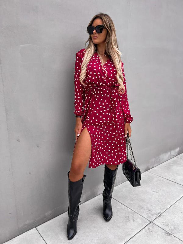 Bohemian Polka Dot Print Long Sleeve Surplice Wrap Tie Dress