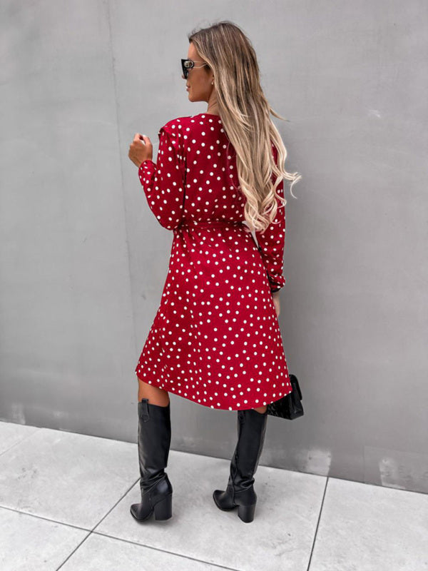 Bohemian Polka Dot Print Long Sleeve Surplice Wrap Tie Dress