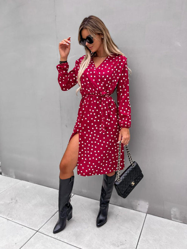 Bohemian Polka Dot Print Long Sleeve Surplice Wrap Tie Dress