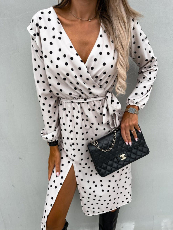 Bohemian Polka Dot Print Long Sleeve Surplice Wrap Tie Dress