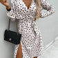 Bohemian Polka Dot Print Long Sleeve Surplice Wrap Tie Dress