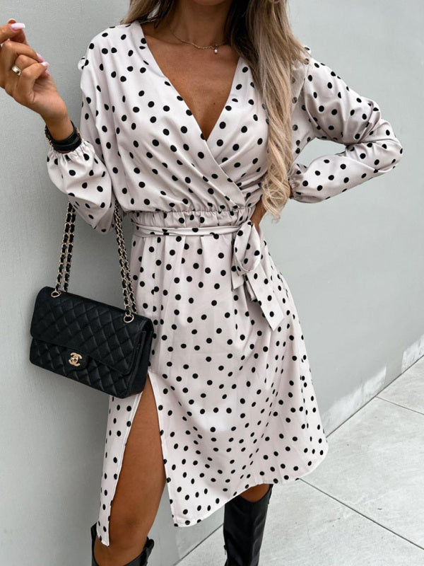 Bohemian Polka Dot Print Long Sleeve Surplice Wrap Tie Dress