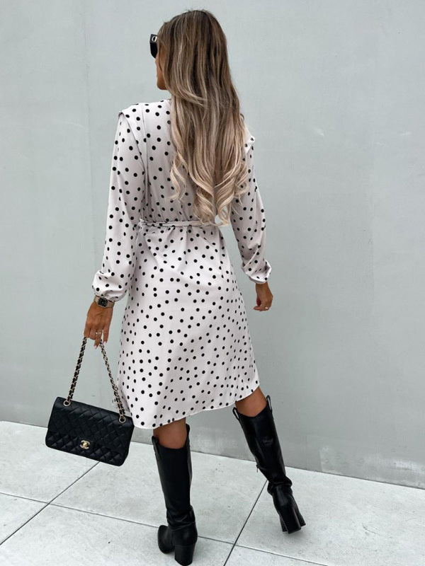 Bohemian Polka Dot Print Long Sleeve Surplice Wrap Tie Dress