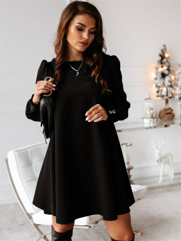 Bohemian Long Sleeve Round Neck Swing Dress with Rear Metal Buttons