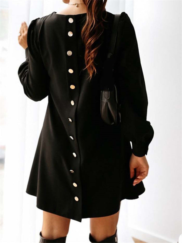 Bohemian Long Sleeve Round Neck Swing Dress with Rear Metal Buttons