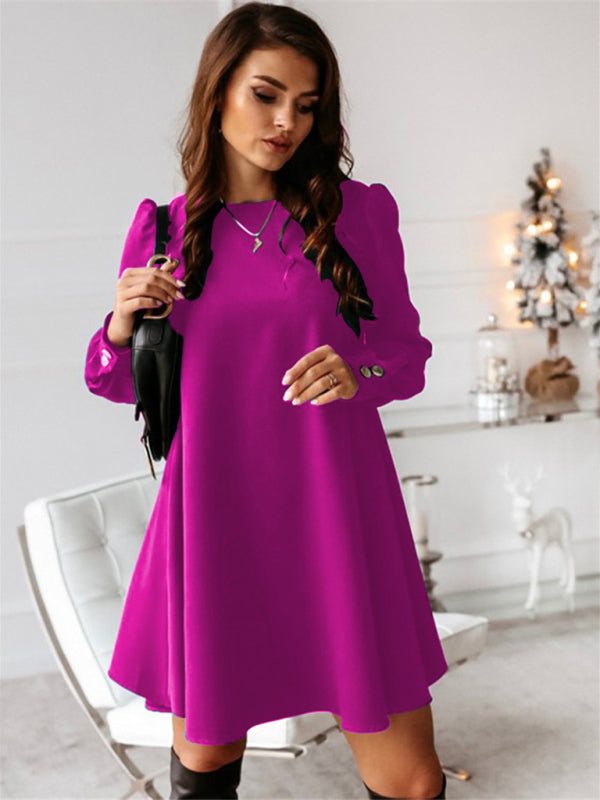 Bohemian Long Sleeve Round Neck Swing Dress with Rear Metal Buttons