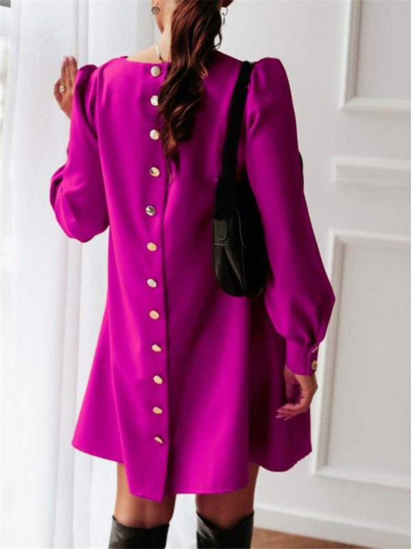 Bohemian Long Sleeve Round Neck Swing Dress with Rear Metal Buttons