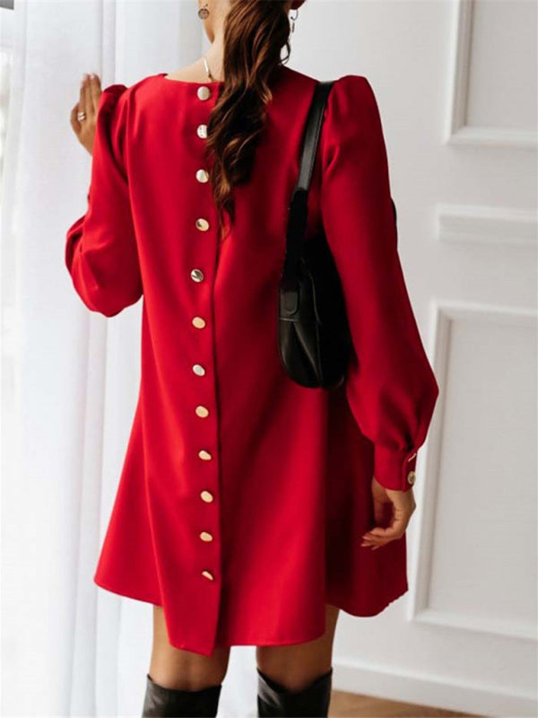 Bohemian Long Sleeve Round Neck Swing Dress with Rear Metal Buttons