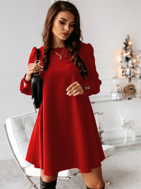Bohemian Long Sleeve Round Neck Swing Dress with Rear Metal Buttons