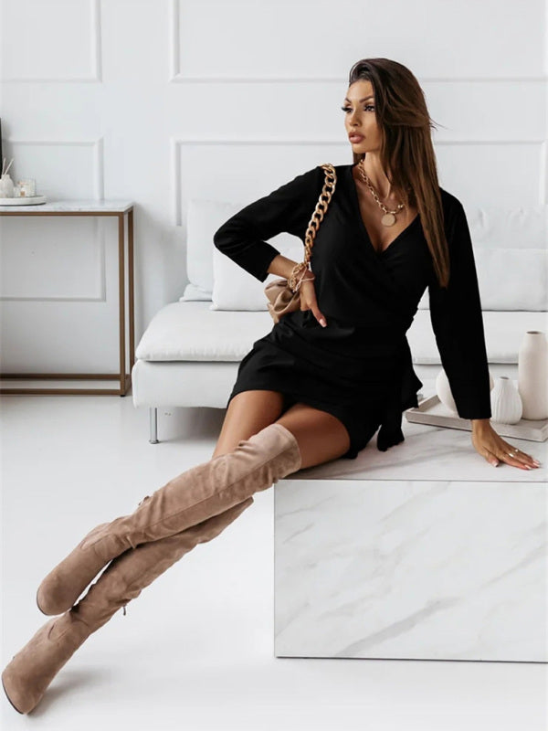 Boho Sexy V-Neck Long Sleeved Ruffle Wrap Mini Dress
