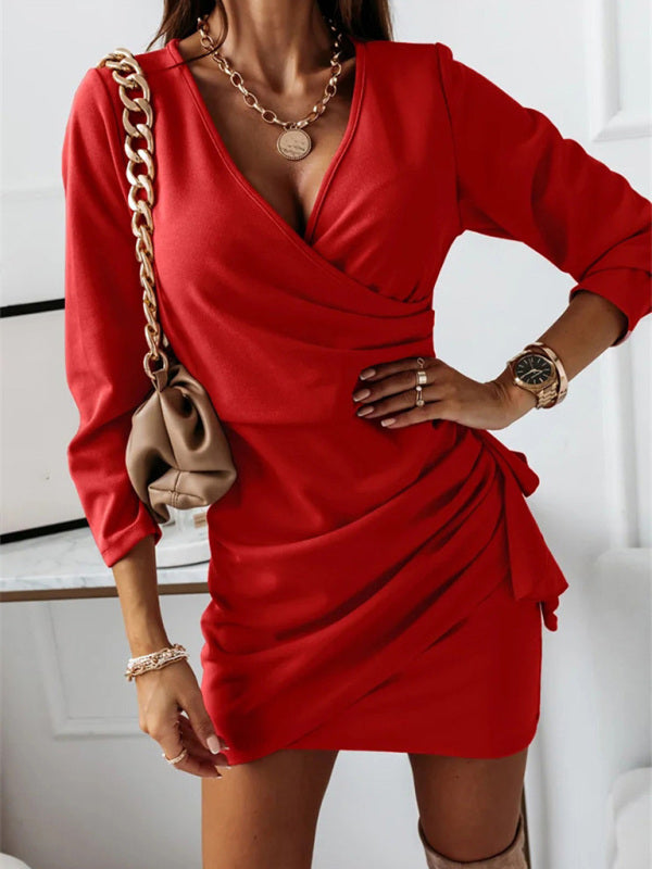 Boho Sexy V-Neck Long Sleeved Ruffle Wrap Mini Dress