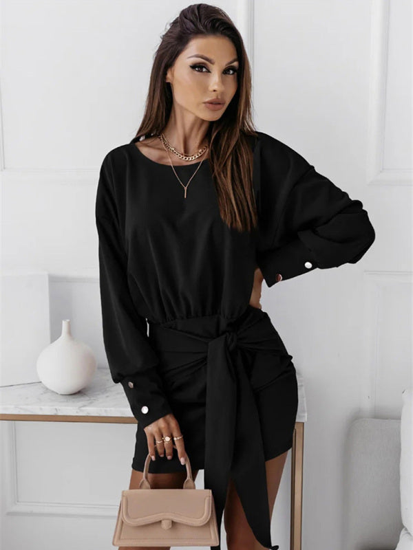 Boho Long Sleeve Slim Fit Wrap Tie Round Neck Dress