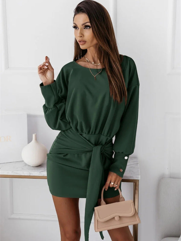 Boho Long Sleeve Slim Fit Wrap Tie Round Neck Dress
