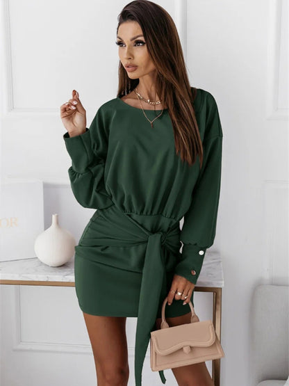Boho Long Sleeve Slim Fit Wrap Tie Round Neck Dress