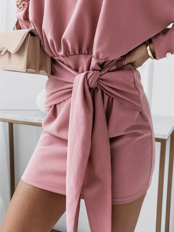 Boho Long Sleeve Slim Fit Wrap Tie Round Neck Dress