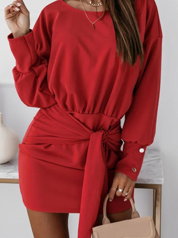 Boho Long Sleeve Slim Fit Wrap Tie Round Neck Dress