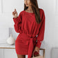 Boho Long Sleeve Slim Fit Wrap Tie Round Neck Dress