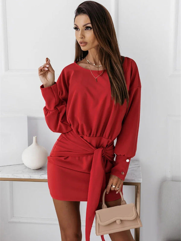 Boho Long Sleeve Slim Fit Wrap Tie Round Neck Dress