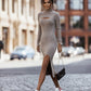 Bohemian Sexy Slim Fit Ribbed Knit Hollow Slit Midi Dress