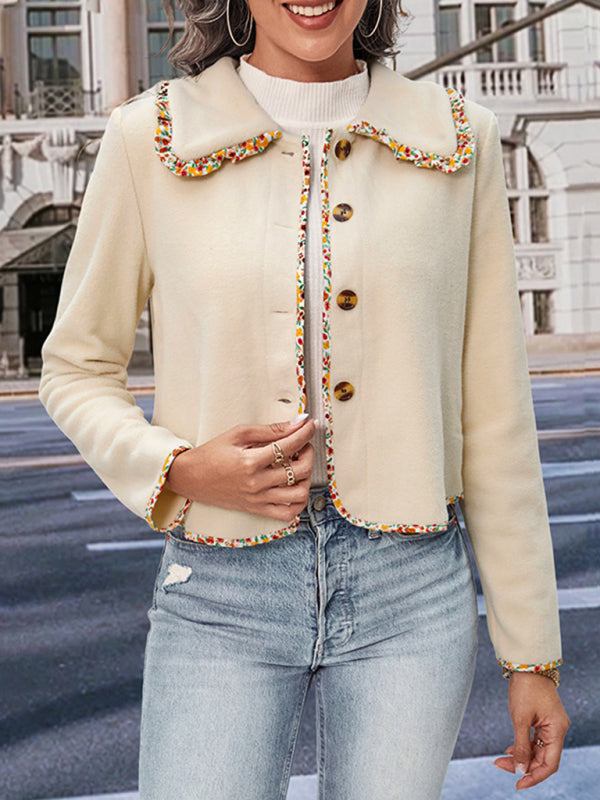 Bohemian Cream Cropped Women's Long Sleeve Floral Trim Jacket