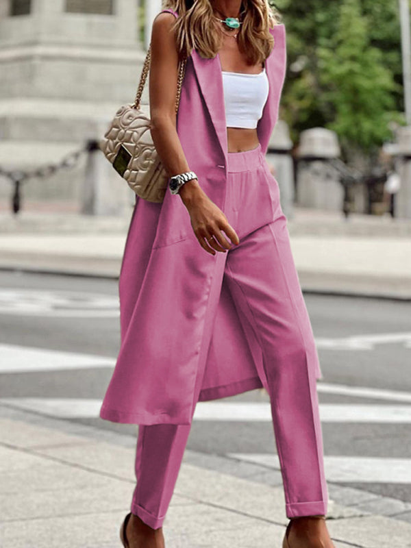 Bohemian Career Sleeveless Long Jacket Straight and Trousers Two-piece Set