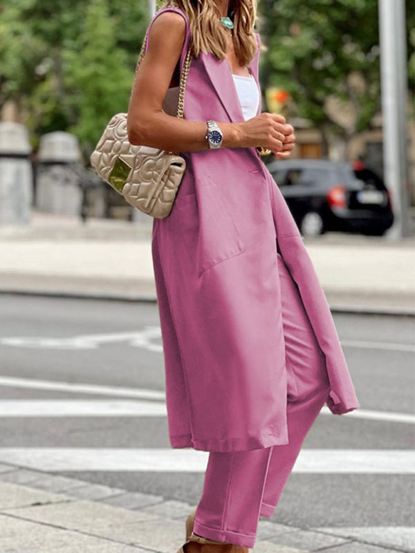Bohemian Career Sleeveless Long Jacket Straight and Trousers Two-piece Set