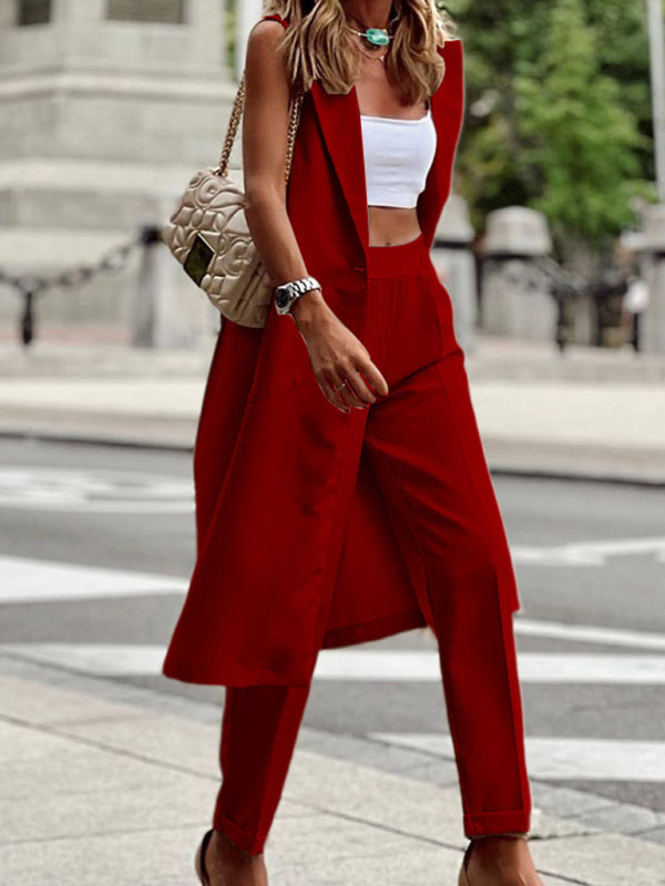 Bohemian Career Sleeveless Long Jacket Straight and Trousers Two-piece Set