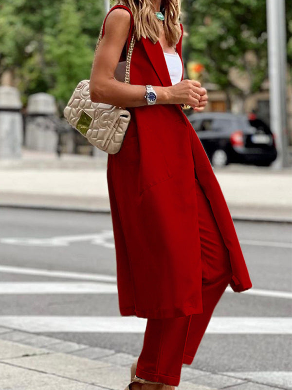 Bohemian Career Sleeveless Long Jacket Straight and Trousers Two-piece Set