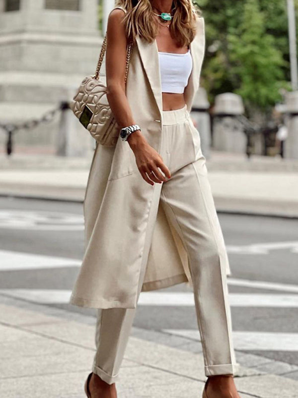 Bohemian Career Sleeveless Long Jacket Straight and Trousers Two-piece Set