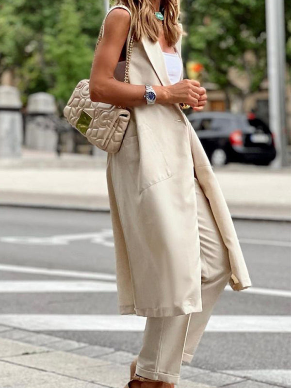 Bohemian Career Sleeveless Long Jacket Straight and Trousers Two-piece Set