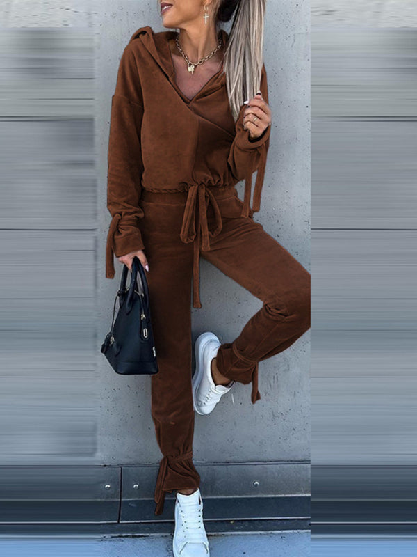Bohemian Casual Hooded Velvet Two-Piece Top and Pants Leisure Set