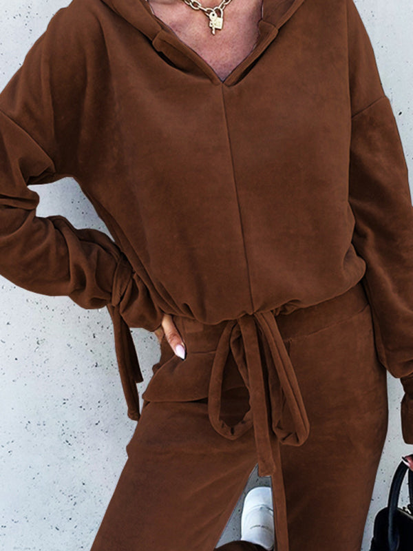 Bohemian Casual Hooded Velvet Two-Piece Top and Pants Leisure Set