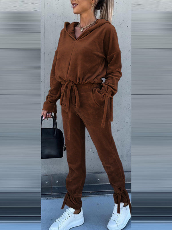Bohemian Casual Hooded Velvet Two-Piece Top and Pants Leisure Set