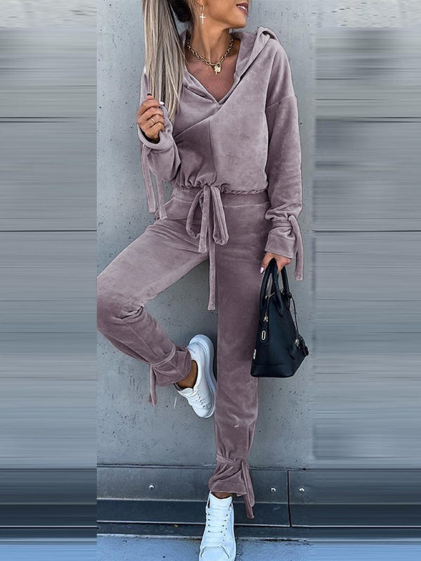 Bohemian Casual Hooded Velvet Two-Piece Top and Pants Leisure Set