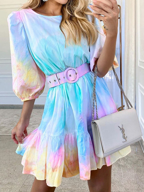 Bohemian Rainbow Square Neck Ruffle Printed Dress